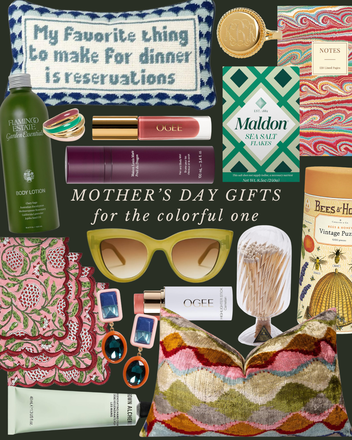 A collection of Mother's Day gift items including a embroidered towel with the quote, 'My favorite thing to make for dinner is reservations', body lotion, lipstick, perfume, sunglasses, earrings, a pillow with a colorful abstract pattern, a pillow wi
