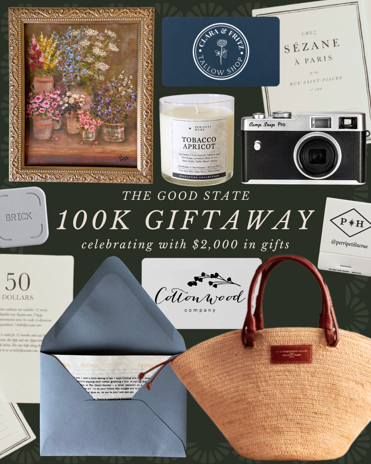Collage of gift items including a framed floral painting, CupSnap Pro, Paris book, tobacco scented candle, vintage camera, $50 bill, blue envelope, cottonwood company card, orange woven handbag, and a white box with black text, promoting a gift givea