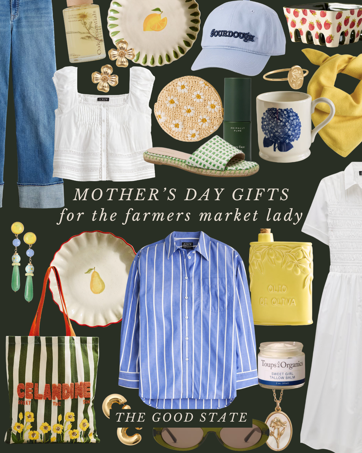 Collage of Mother's Day gifts including clothing, accessories, kitchenware, and skincare. Items shown are a blue striped shirt, white dress, jeans, hat, mug, jewelry, tote bag, slippers, and various decorative objects with floral and fruit motifs.