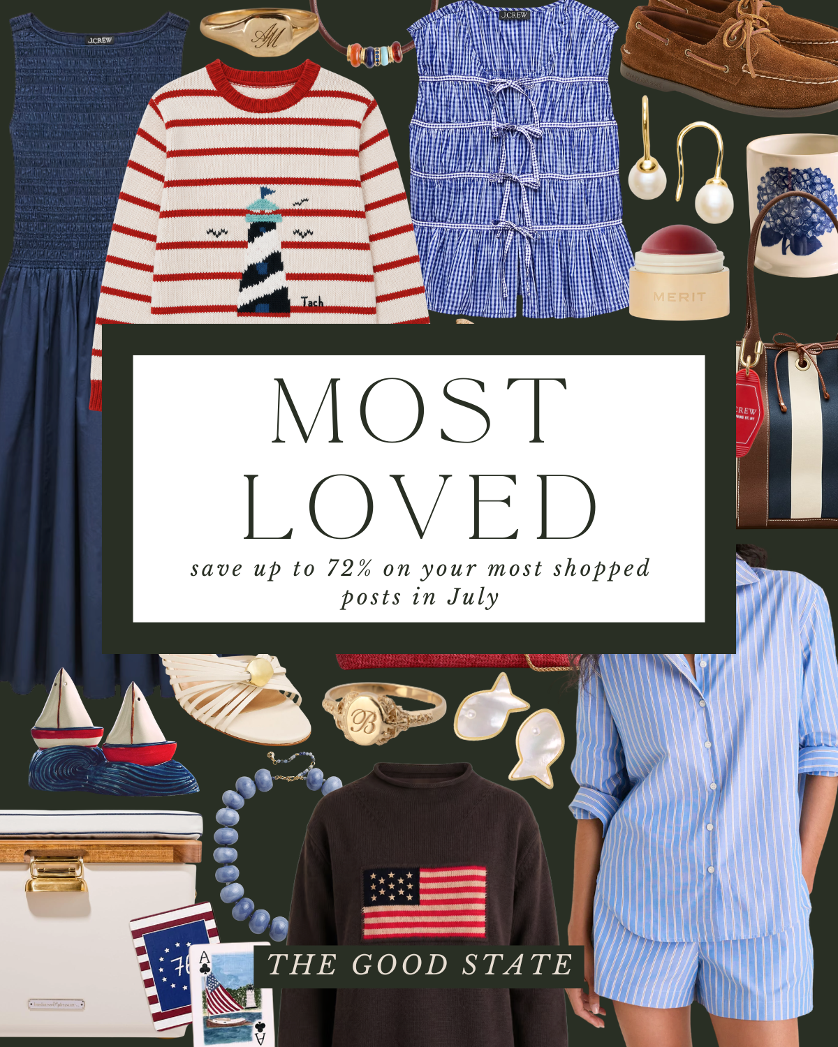 A collage of various fashion items and accessories including clothing, jewelry, and bags with a central text box that reads 'Most Loved' and promotional text about savings on shopping posts in July. The items include a blue striped shirt, a navy dres