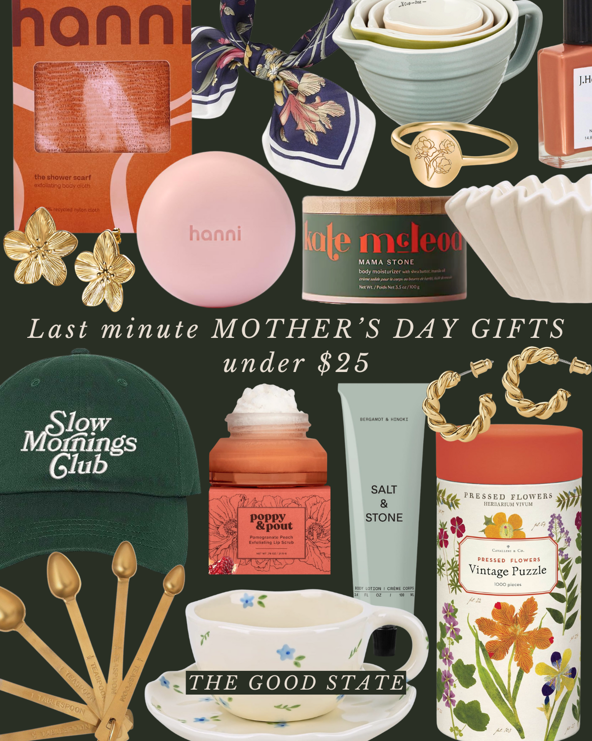 A collage of last-minute Mother's Day gift ideas under $25, featuring jewelry, candles, skincare, home decor, and accessories like a baseball cap and spoons, with text emphasizing quick gift options.