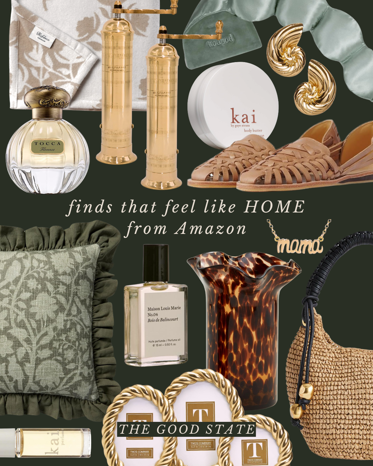 A collection of home decor and fashion accessories including perfume bottles, scarves, jewelry, a pillow, a vase, and lotion, with the text "finds that feel like HOME from Amazon" and "THE GOOD STATE".