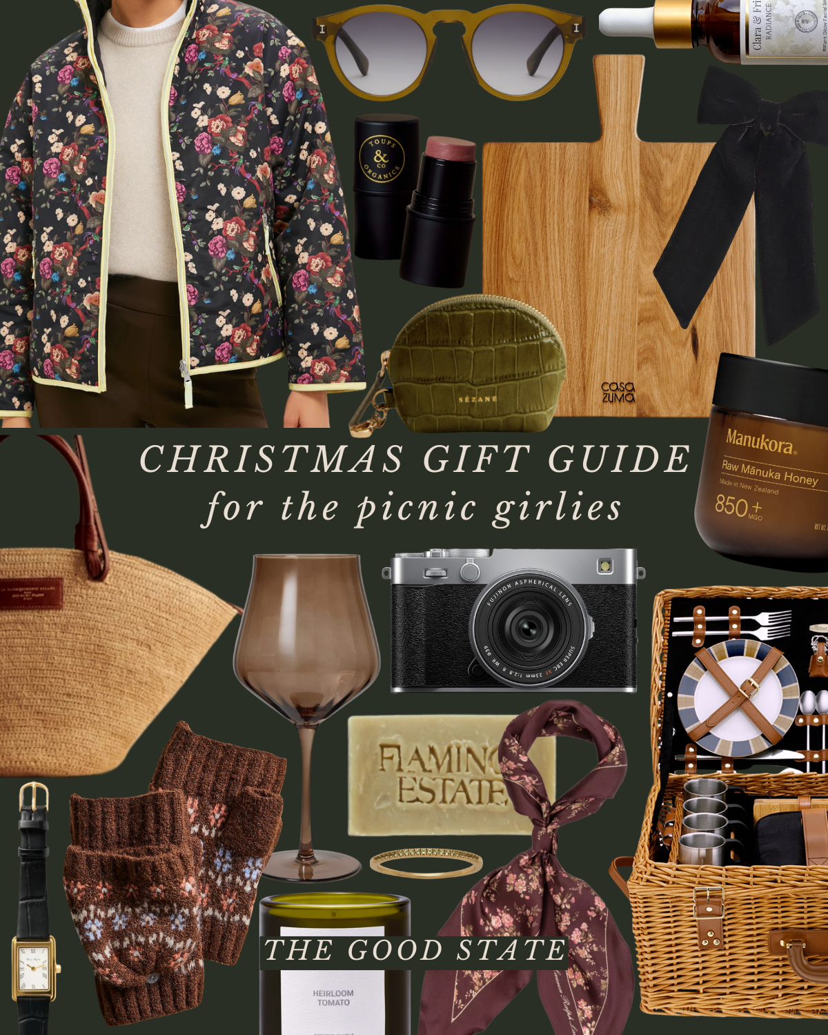 A collage of Christmas gift items for picnic girls, including a floral jacket, sunglasses, skincare products, a wooden cutting board, a black ribbon, a bag, a wine glass, a camera, a picnic set, a soap, a scarf, a candle, socks, a watch, a bracelet, 