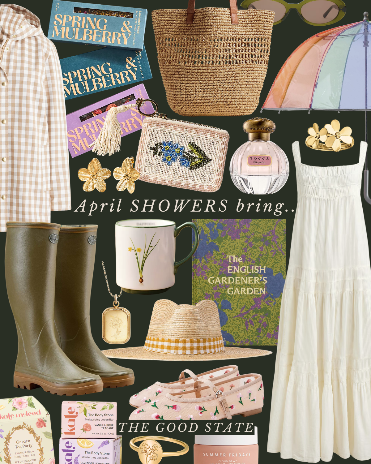 A collection of spring and summer items for April showers, including a gingham shirt, rain boots, floral jewelry, a straw hat, a book titled "The English Gardener's Garden," a floral mug, a perfume bottle, a handbag, a rainbow umbrella, sunglasses, a