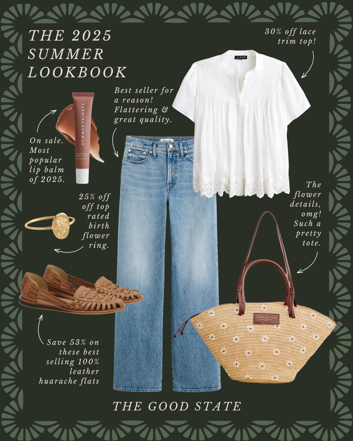 Summer fashion lookbook featuring a white blouse with lace trim, high-waisted blue jeans, tan huarache flats, a daisy-embellished straw tote bag, a gold birth flower ring, and a lip balm, with promotional text about discounts and product details.