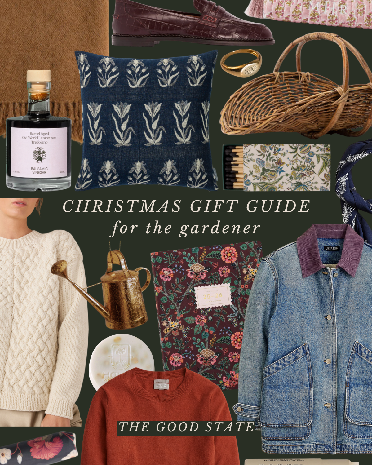 Collage of gift items for a gardener for Christmas, including a cushion, shoes, ring, basket, matches, bottles, notebook, soap, sweaters, jacket, and decorative objects with text that reads "Christmas Gift Guide for the gardener" and "The Good State.
