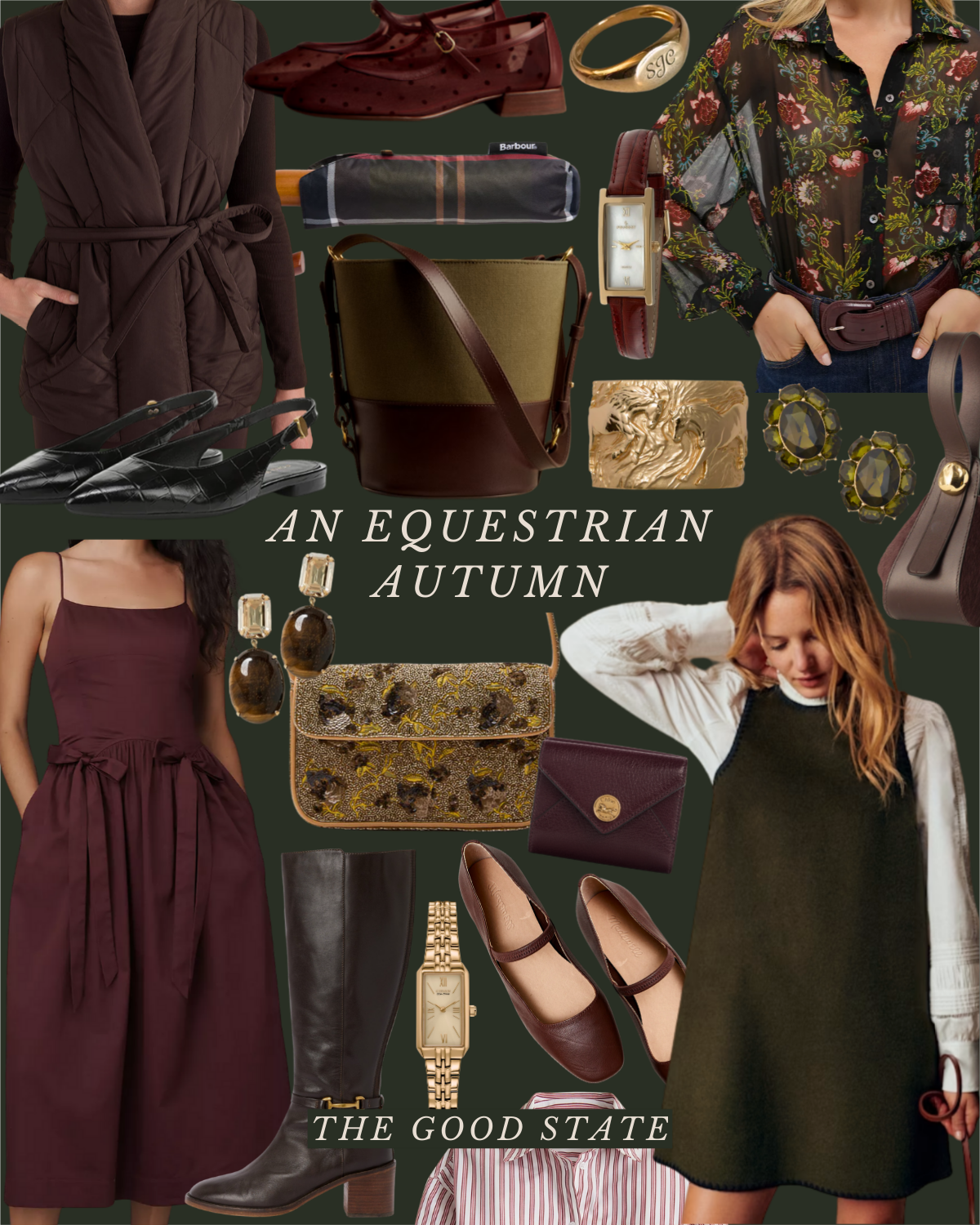 Collage of fall fashion items including women's clothing, shoes, bags, jewelry, and accessories with the text 'An Equestrian Autumn' and 'The Good State'