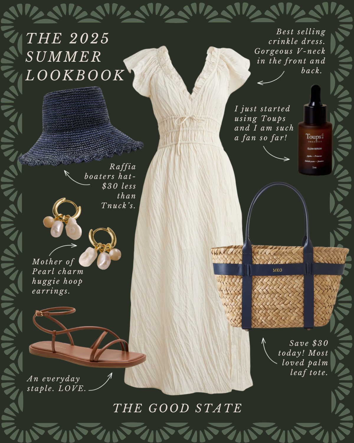 Summer fashion and accessories displayed in a lookbook including a white crinkle dress, Raffia boater hat, pearl charm hoop earrings, brown sandals, a brown bottle of glow serum, and a palm leaf tote bag with navy handles and straps, titled 'The 2025