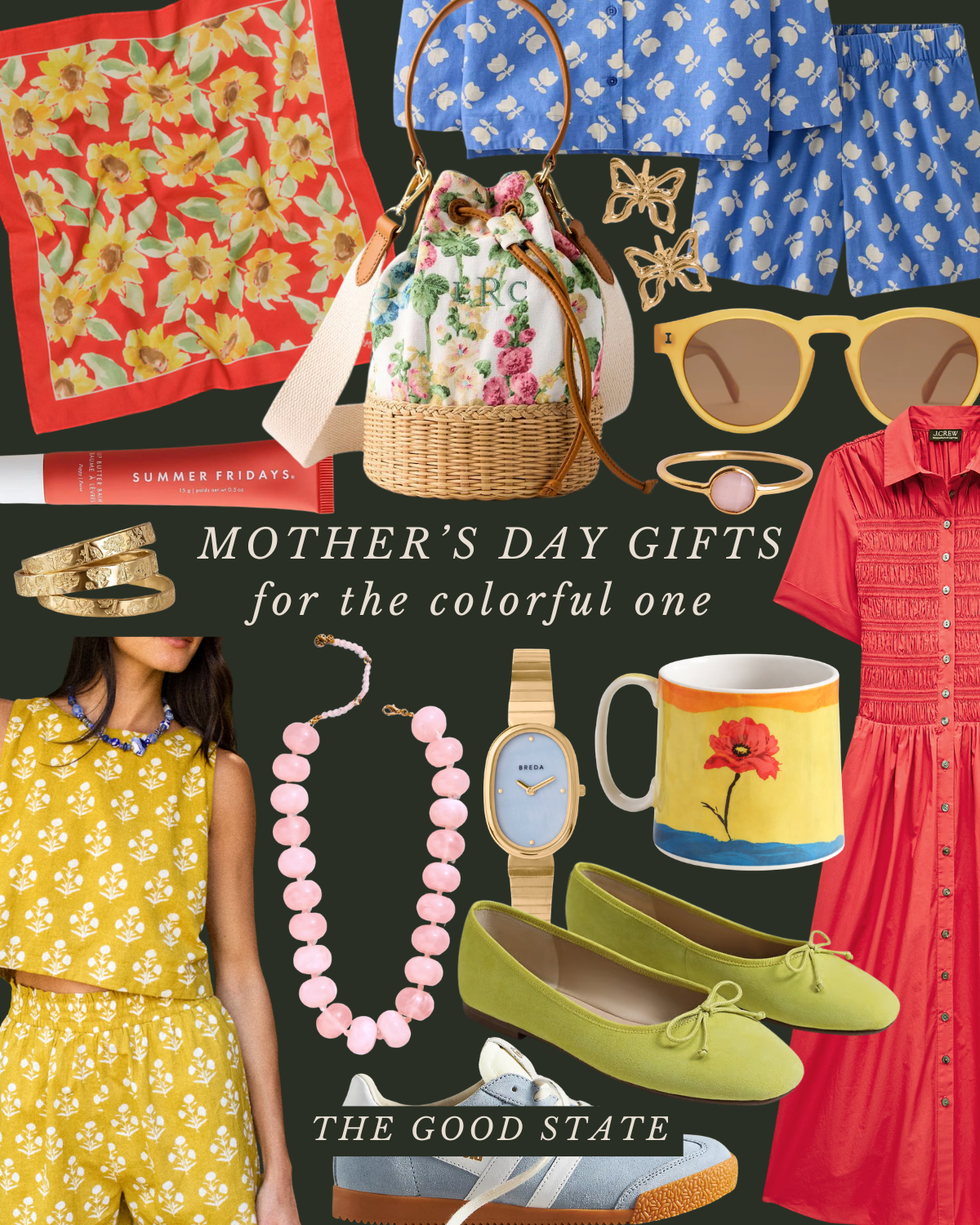 Collage of colorful Mother's Day gift items including a floral scarf, blue and white patterned pajama set, yellow floral dress, pink beaded necklace, gold rings, floral mug, pink and gold watch, yellow flat shoes, green flats, white sneakers, earring