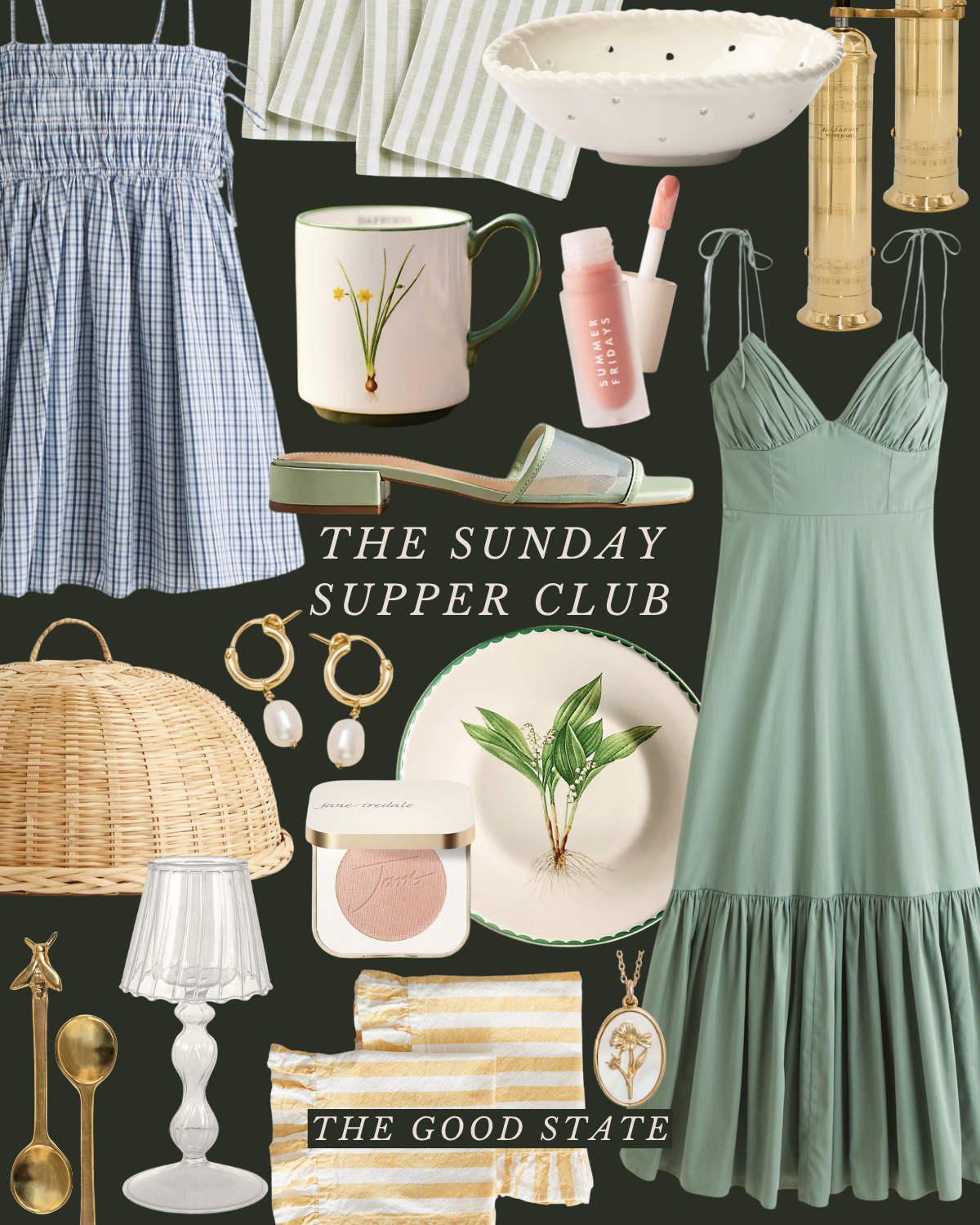 Collage of fashion and home decor items for a summer dinner outfit, including a green dress, striped skirt, sandals, jewelry, mug, notebooks, and decorative objects with text reading 'The Sunday Supper Club' and 'The Good State.'