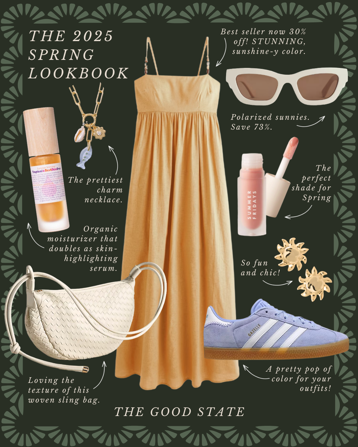A spring lookbook featuring various fashion items, including a yellow dress, a charm necklace, organic moisturizer, woven sling bag, white sunglasses, pink lip gloss, sun-shaped earrings, and blue sneakers. Text highlights include descriptions like "