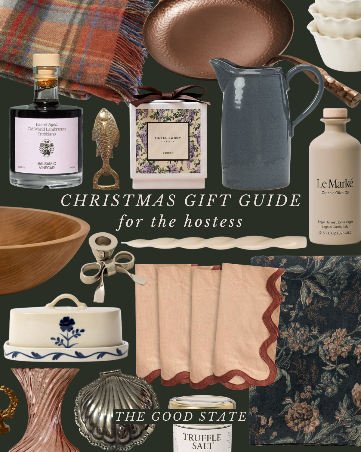 A collage of decorative and household items including a plaid blanket, ceramic dishes, a bottle of balsamic vinegar, a fish-shaped ornament, a scented candle, a ceramic tureen, scissors, napkins, a fabric napkin, a ceramic box, a shell, and a jar of 