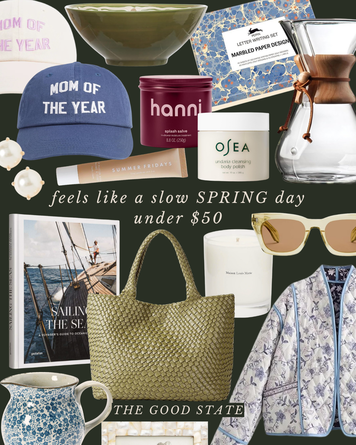 Collection of spring-themed items including a blue 'Mom of the Year' cap, a green bowl, marbled paper stationery set, glass carafe with wooden top, Hanli splash salve container, OSEA body polish, a book titled 'Sailing the Seas,' a beige woven tote b