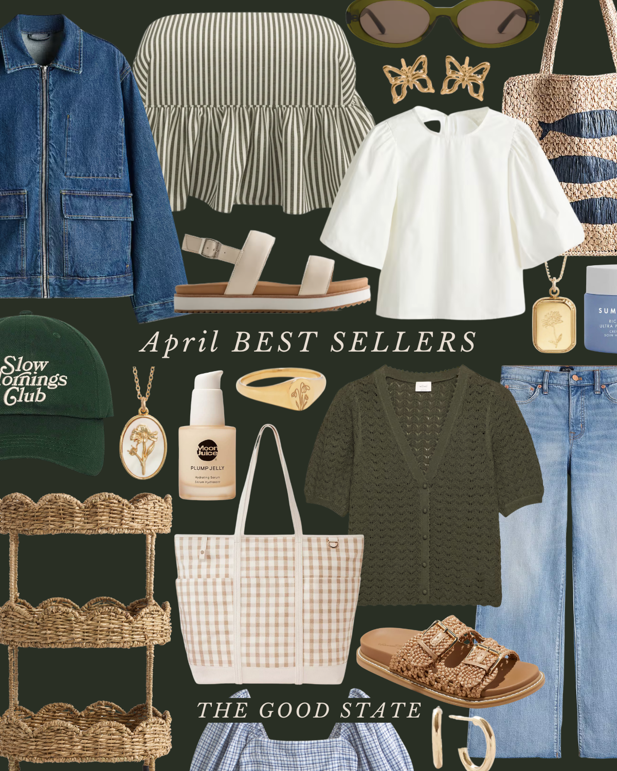 Collage of various fashion and lifestyle items including a denim jacket, striped top, white blouse, sunglasses, butterfly earrings, straw bag, green cap, wicker shelf, necklace, skincare product, ring, crochet cardigan, gingham tote, jeans, sandals, 