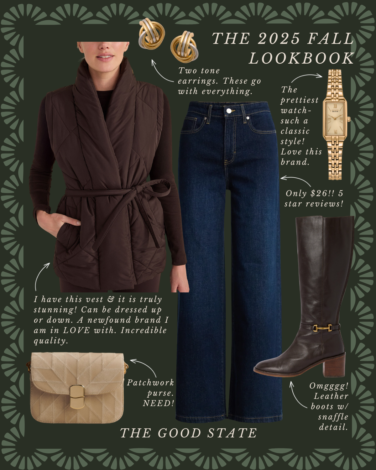 A fall fashion lookbook featuring a woman wearing a brown vest, dark jeans, and tall leather boots with a sasha detail, accessorized with gold-toned jewelry and a beige patchwork purse. The lookbook highlights the outfit's style and affordability.