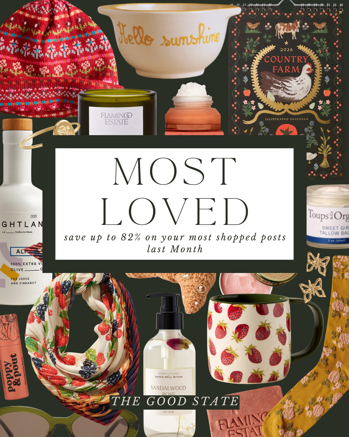 A collage of various home and lifestyle items including a colorful knit hat, a ceramic bowl with 'Hello Sunshine' written on it, a 'Country Farm' illustrated calendar, a bottle of olive oil, a candle labeled 'Flaming Estate,' a jar of balm, a floral 