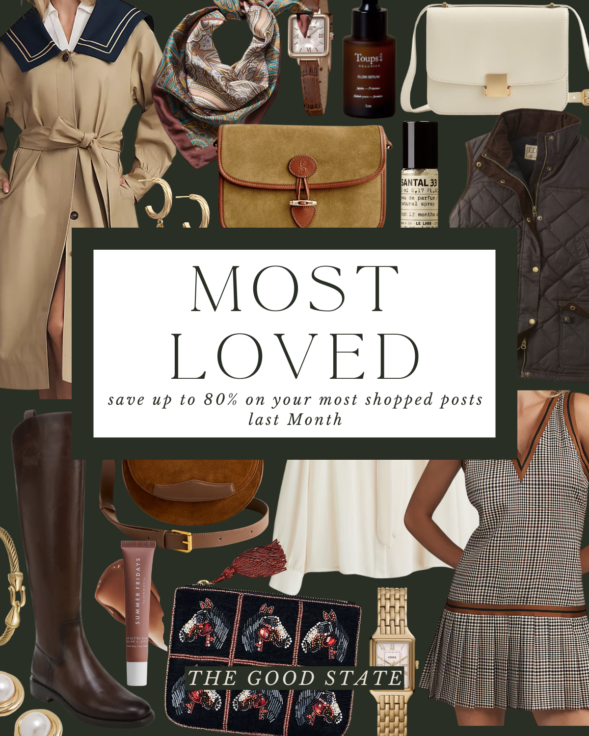 Collage of fashion accessories and clothing, including handbags, watches, boots, and a dress, with overlay text advertising a sale on popular shopping items.