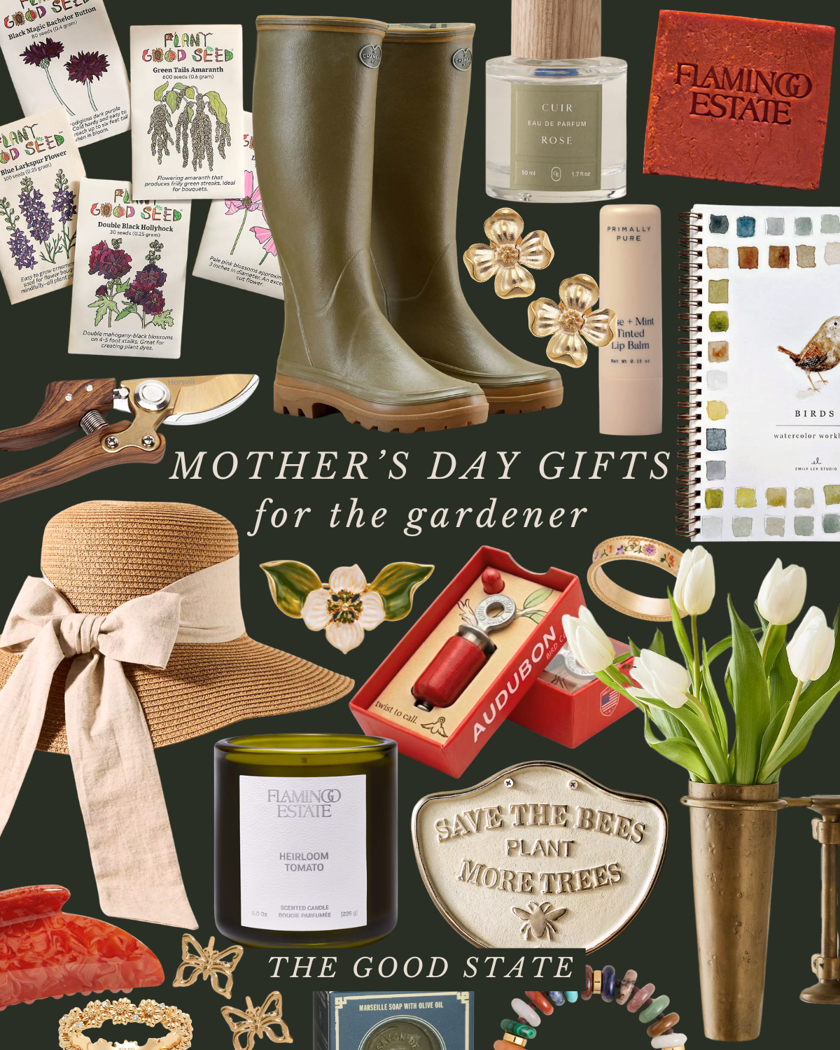 A collage of Mother's Day gifts for gardeners, including gardening tools, plants, flowers, candles, fashion accessories, and decorative items.