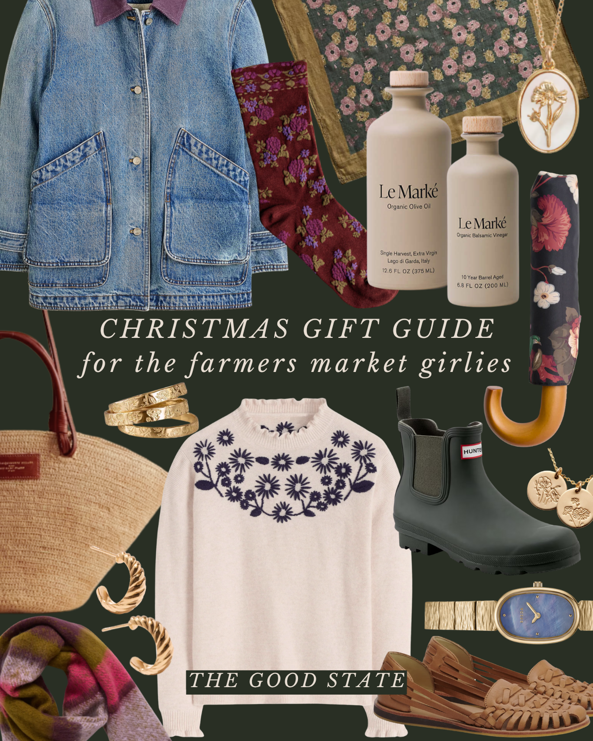 A Christmas gift guide featuring women's fashion and accessories, including a denim jacket, floral sock, sweater with embroidery, woven handbag, jewelry, boots, watch, and scarf, with bottles of olive oil and balsamic vinegar in the background.