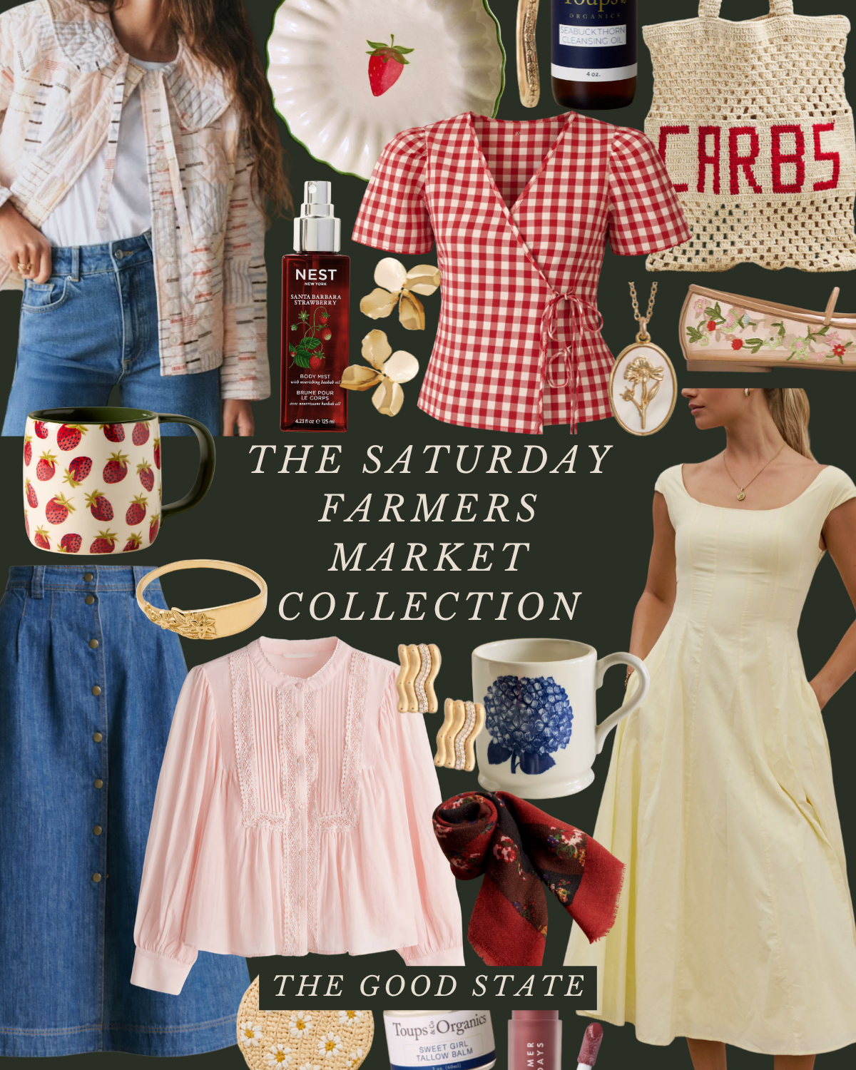 Collage of items including two women in vintage-inspired clothing, kitchenware with strawberry and strawberry plate designs, floral jewelry, skincare products, coffee mugs, and accessories, with text that reads 'The Saturday Farmers Market Collection