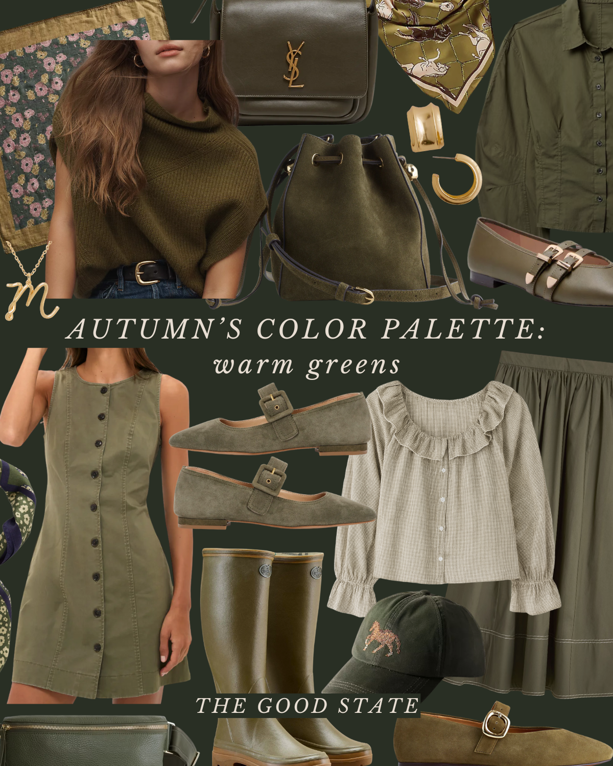 A collage featuring autumn fashion items in warm green shades, including clothing, shoes, accessories, and a handbag, with text that says "Autumn's Color Palette: warm greens" and "The Good State."