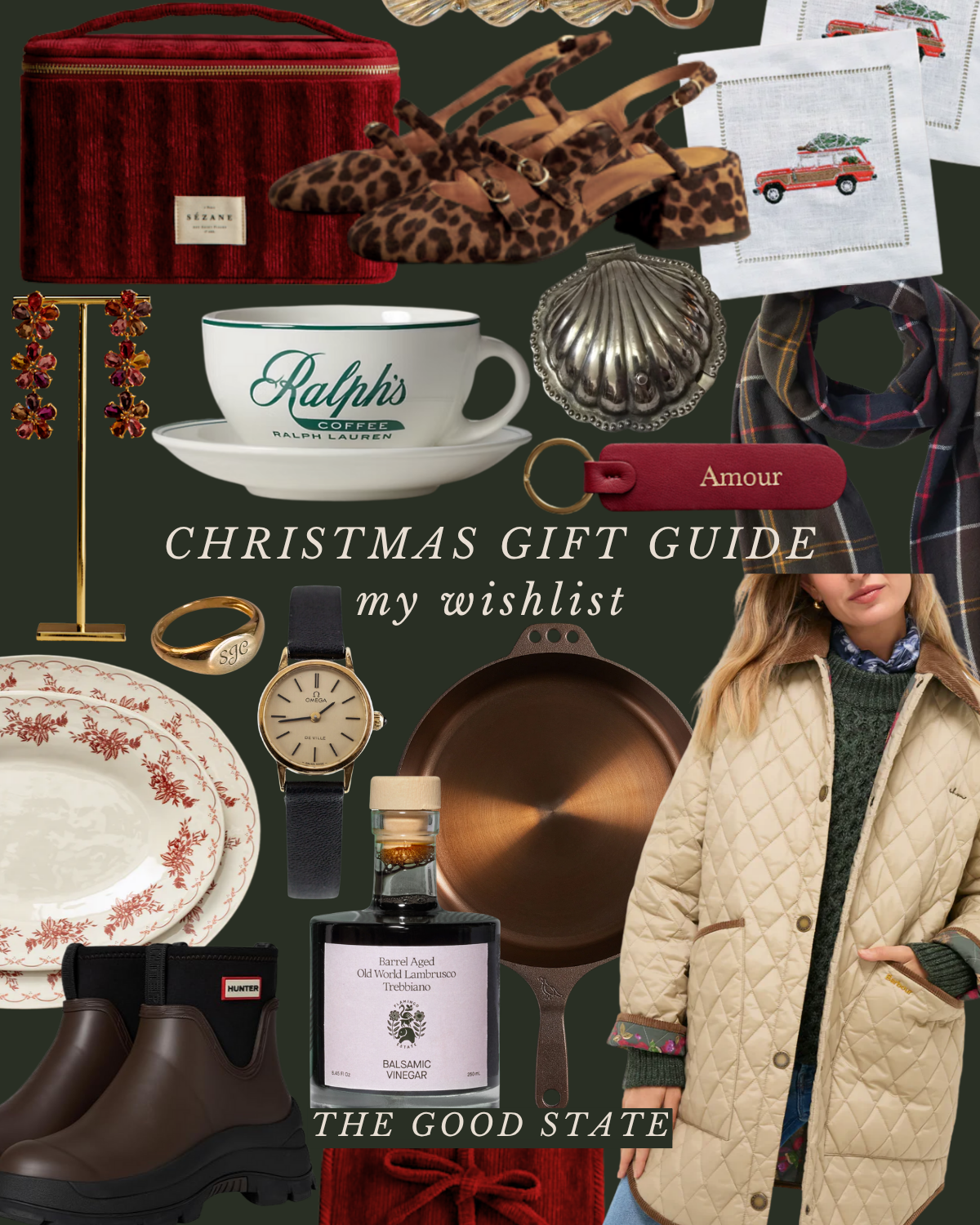 Collage of Christmas gift items including a red jewelry box, leopard print sandals, embroidered holiday napkins, a Ralph's coffee mug on a saucer, a gold ring engraved with initials, a wristwatch, a vintage frying pan, a bottle of balsamic vinegar, a