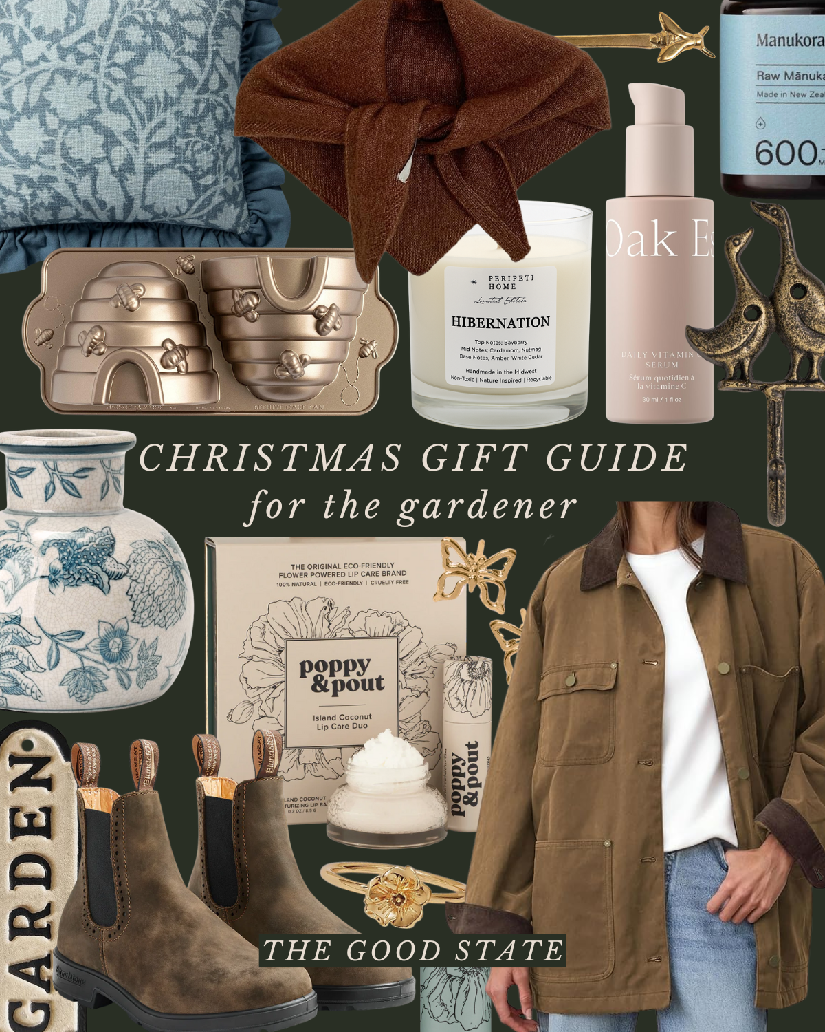 A collage of Christmas gift items for gardeners, including a pillow, a brown scarf, beeswax candles, skincare products, a decorative jar, a plant-themed skincare box, a pair of ankle boots, a jacket, and a woman in a white shirt and brown jacket. The