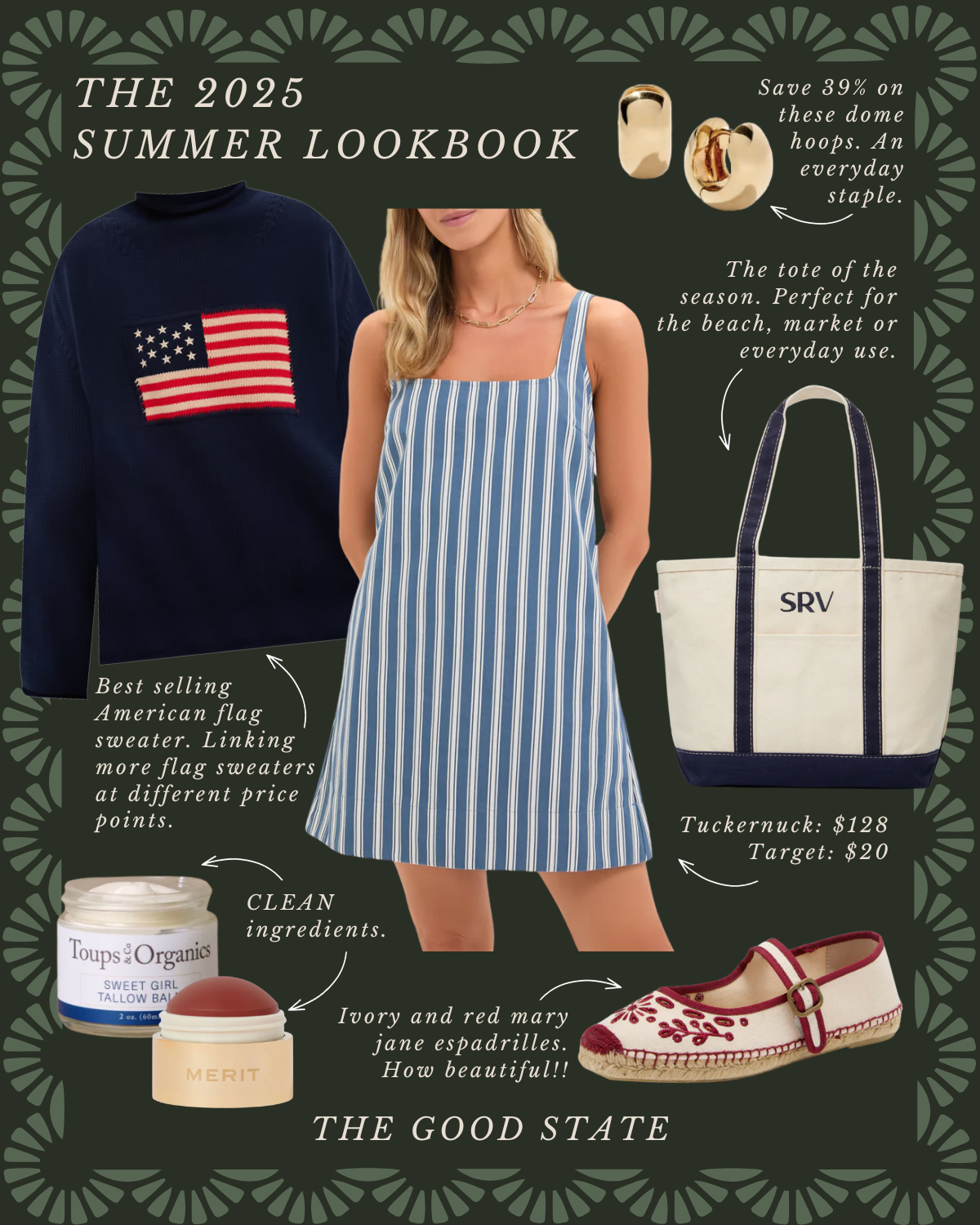A summer lookbook featuring a navy sweater with an American flag, a blue and white striped dress, a white tote bag with navy accents, cream and red espadrilles, and gold dome earrings. Text highlights savings on dome hoops, tote versatility, and beau