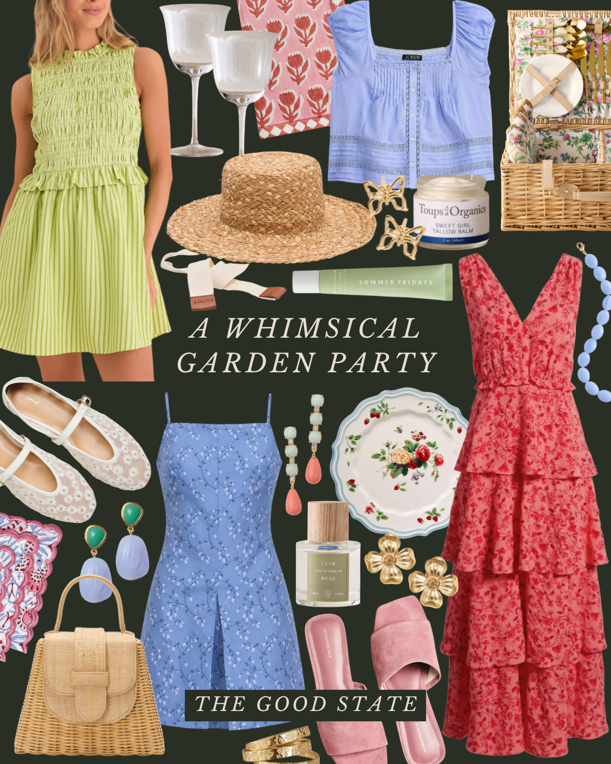 Collection of summery clothing and accessories for a garden party, including dresses, hats, jewelry, shoes, candles, and tableware on a black background, with the text 'A Whimsical Garden Party' and 'The Good State'.