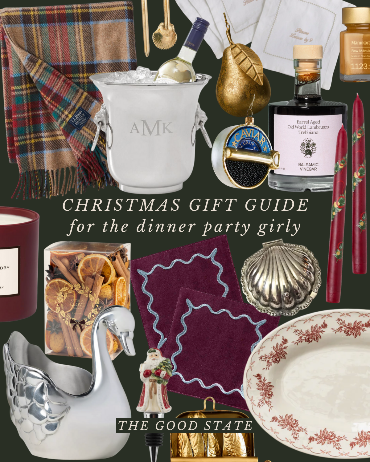 Christmas gift guide with dinner party items including a scarf, a wine cooler with a bottle of wine, a golden pear ornament, a caviar tin, a bottle of balsamic vinegar, red candles, a scented candle, a box of dried citrus and cinnamon, Christmas napk