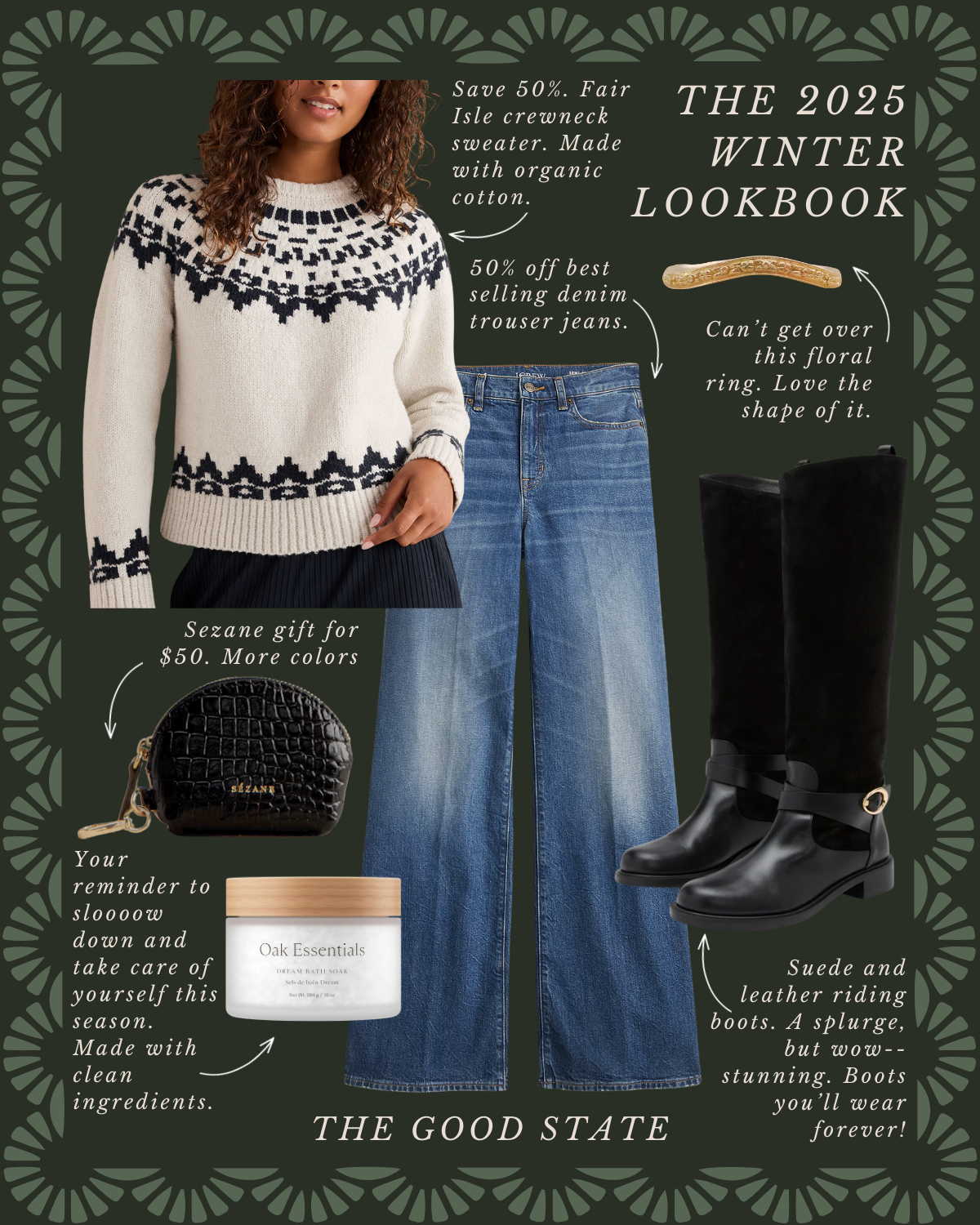 A fashion lookbook layout featuring a woman in a winter sweater, blue jeans, black leather riding boots, a floral ring, a black crocodile-textured Sezane purse, and a white lotion container. Text highlights discounts, product details, and style tips.