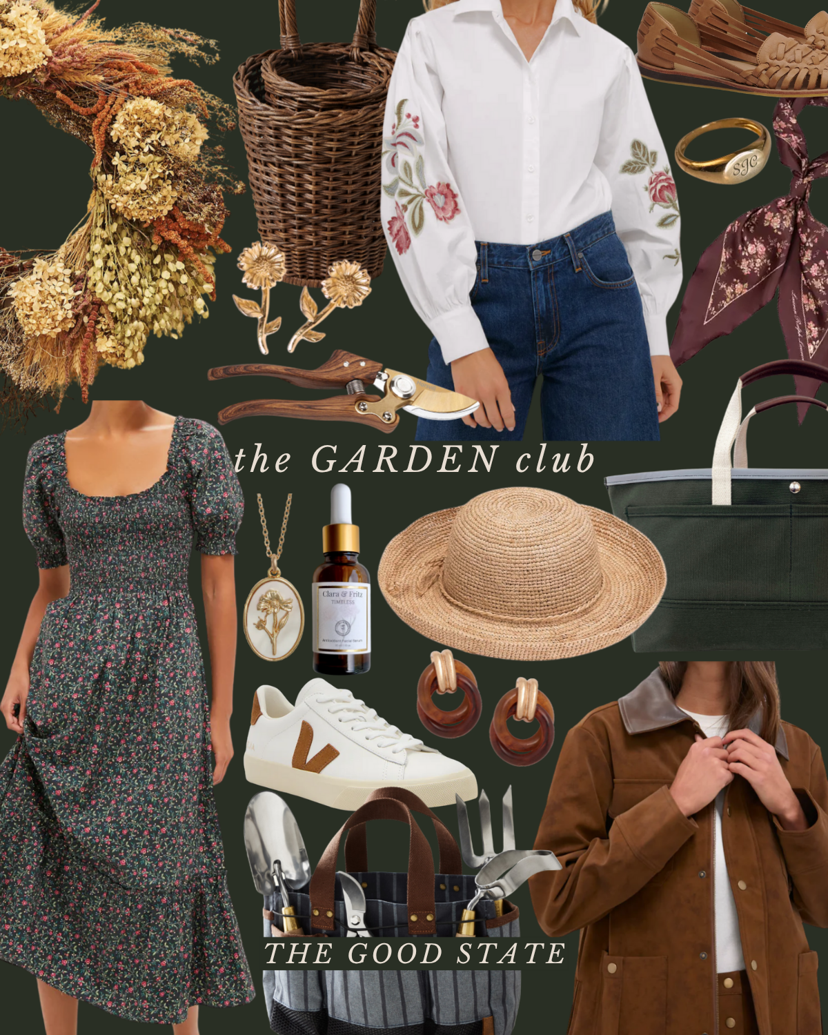 Collage of gardening and outdoor items with women in casual outfits, including floral dress, white embroidered shirt, brown jacket, woven hat, sneakers, jewelry, and accessories, with phrases 'the GARDEN club' and 'THE GOOD STATE'.