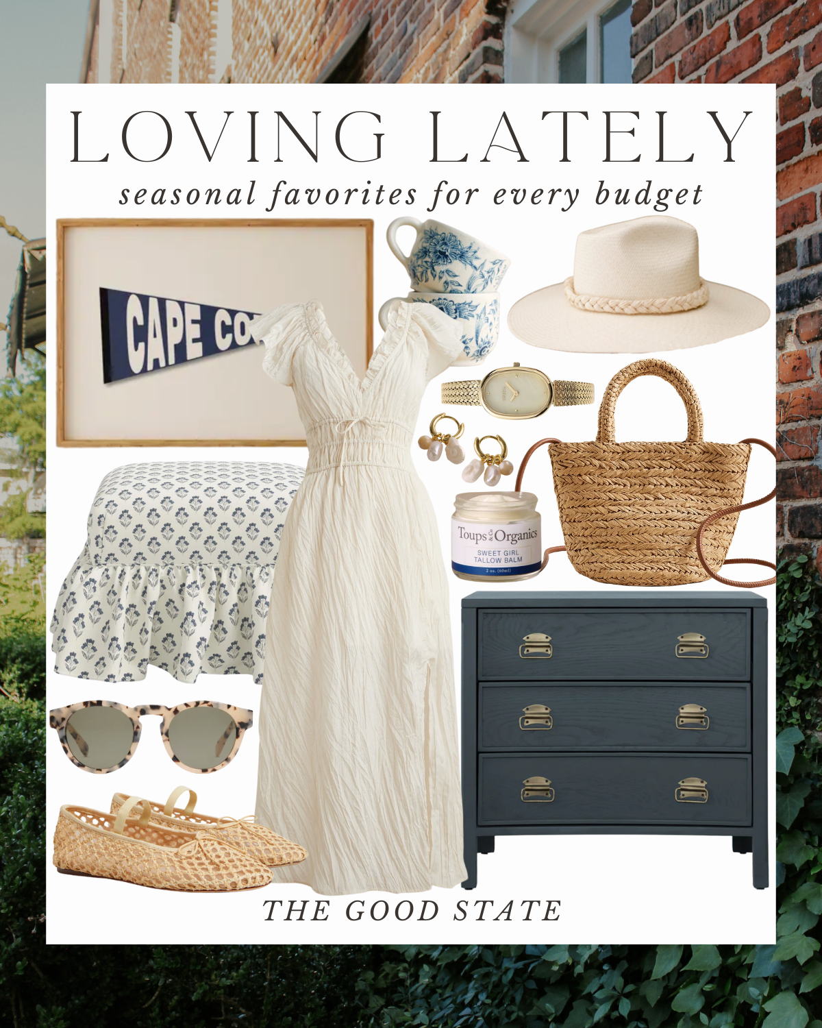 A collage of summer home decor and fashion items including a white dress, woven flats, tortoise shell sunglasses, a straw hat, earrings, a watch, a blue and white mug set, a framed Cape Cod sign, a ruffled patterned pillow, a wicker tote, a navy blue