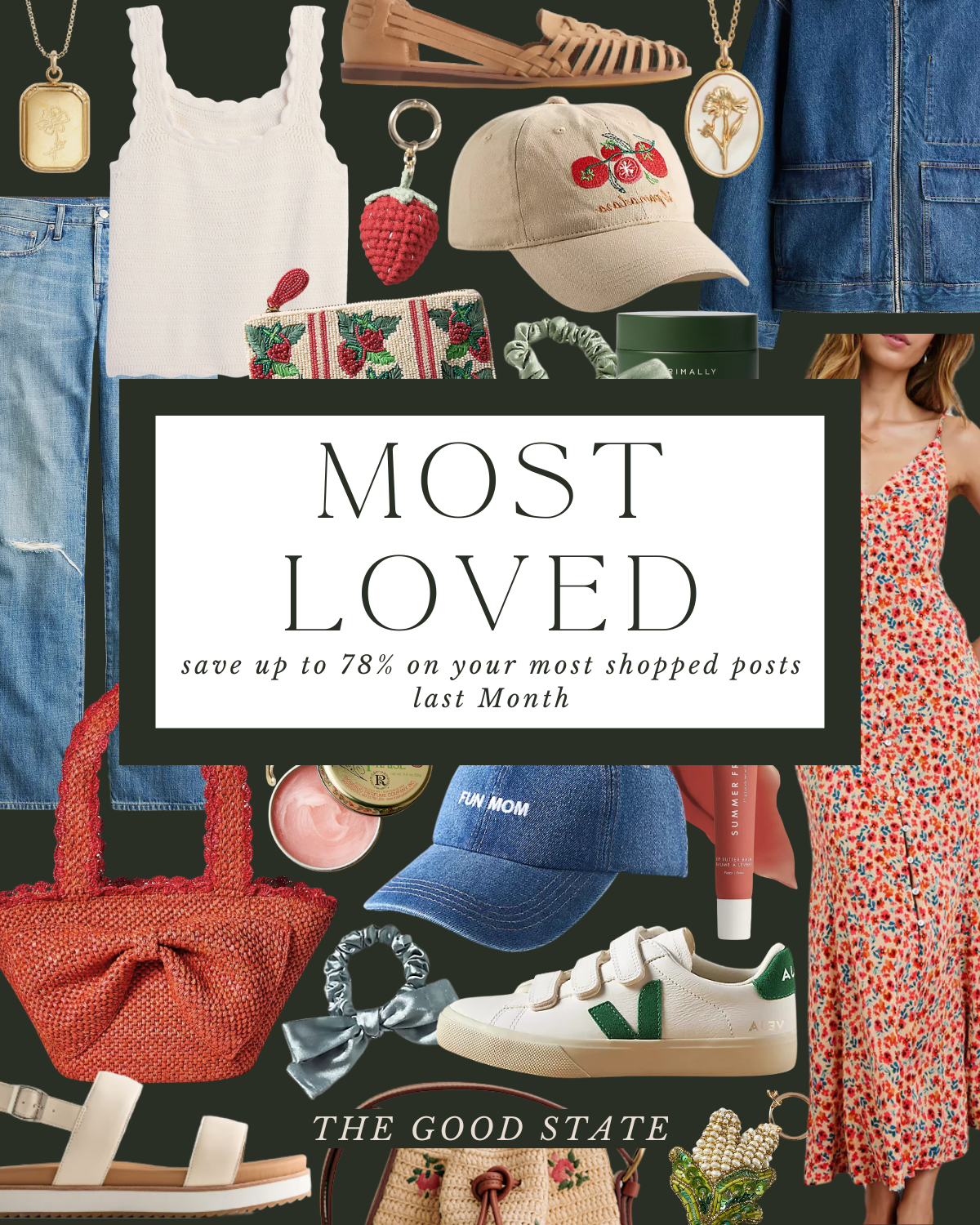 A collage of summer fashion and accessories including jeans, a white knit tank top, sandals, a baseball cap, handbags, jewelry, a cream sneaker, a denim cap, a floral dress, and beauty products, with text overlay saying "Most Loved" and "Save up to 7