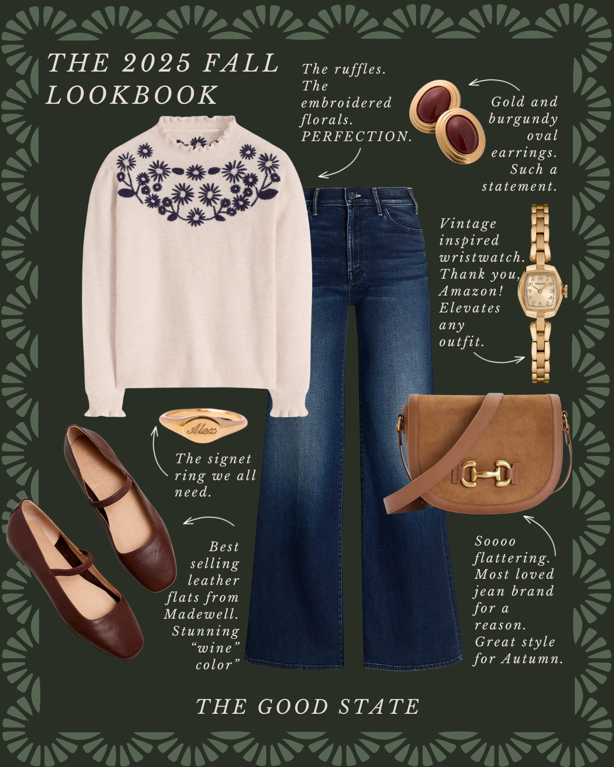 Fall 2025 lookbook featuring a white sweater with purple floral embroidery, dark blue wide-leg jeans, burgundy earrings, a gold vintage-inspired wristwatch, a tan belt bag, and brown leather flats.
