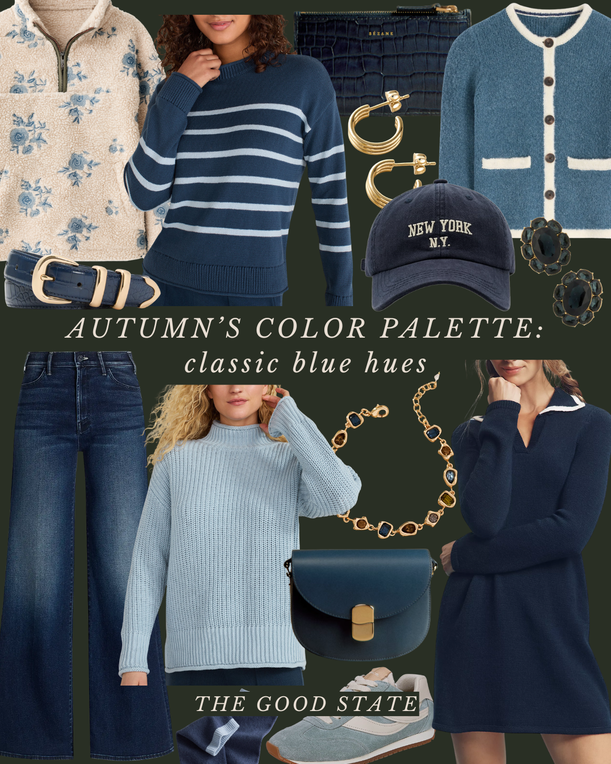 Collection of autumn clothing and accessories in classic blue hues, including sweaters, jeans, a cap, jewelry, shoes, and bags, with the text "Autumn's Color Palette: classic blue hues" and "The Good State".
