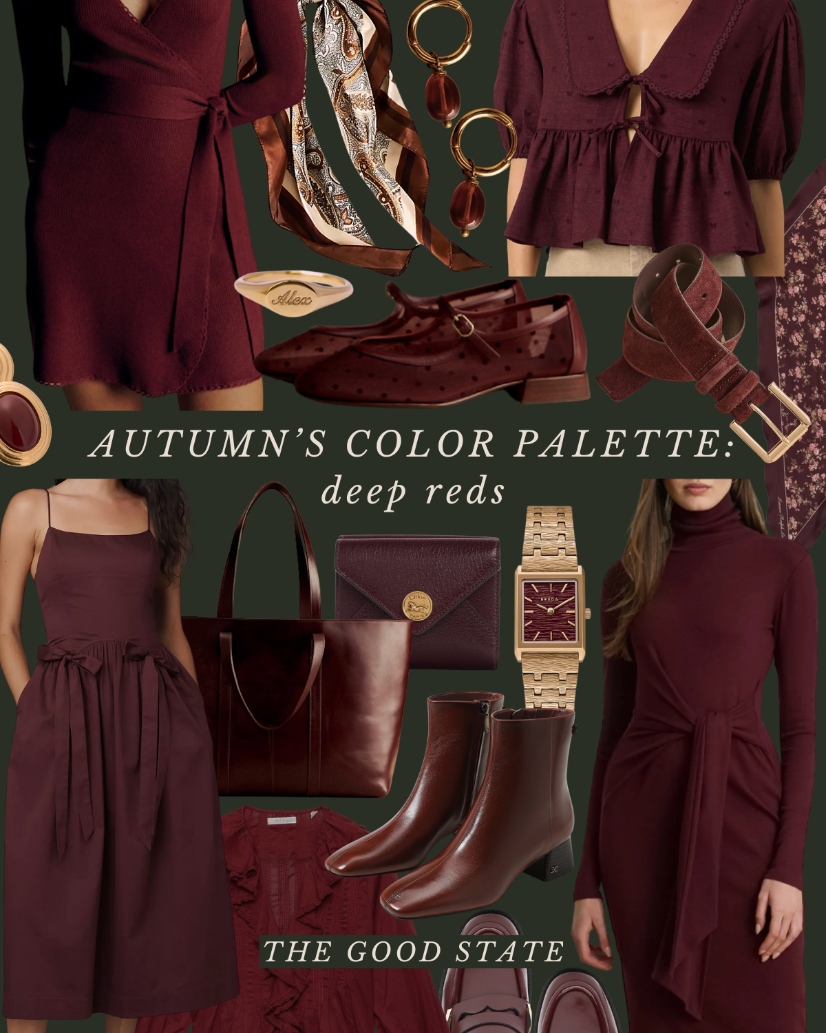 A collage of deep red and burgundy fall fashion items including clothing, shoes, handbags, jewelry, and accessories, with text reading "Autumn's Color Palette: deep reds" and "The Good State."