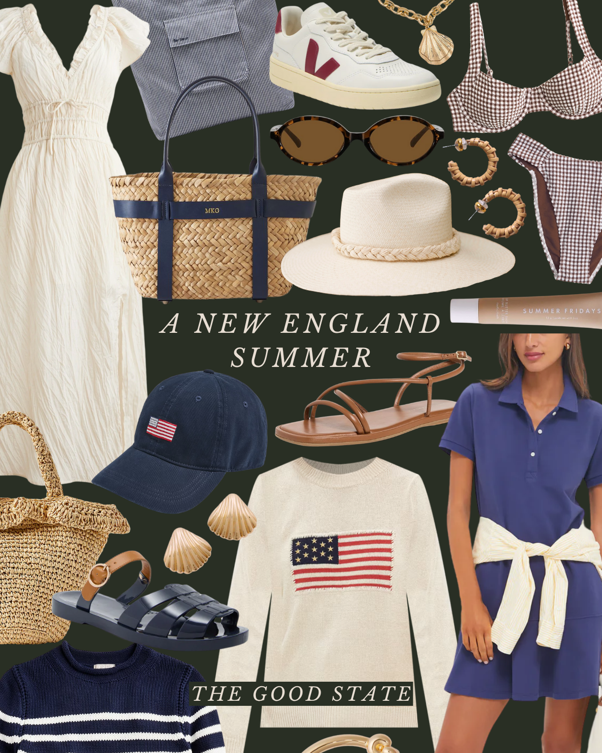 A collage of summer fashion and accessories including a cream dress, striped bag, sneakers, sunglasses, hat, earrings, a baseball cap, sandals, a sweater with American flag, bikini, and jewelry, with text "A New England Summer" and "The Good State".