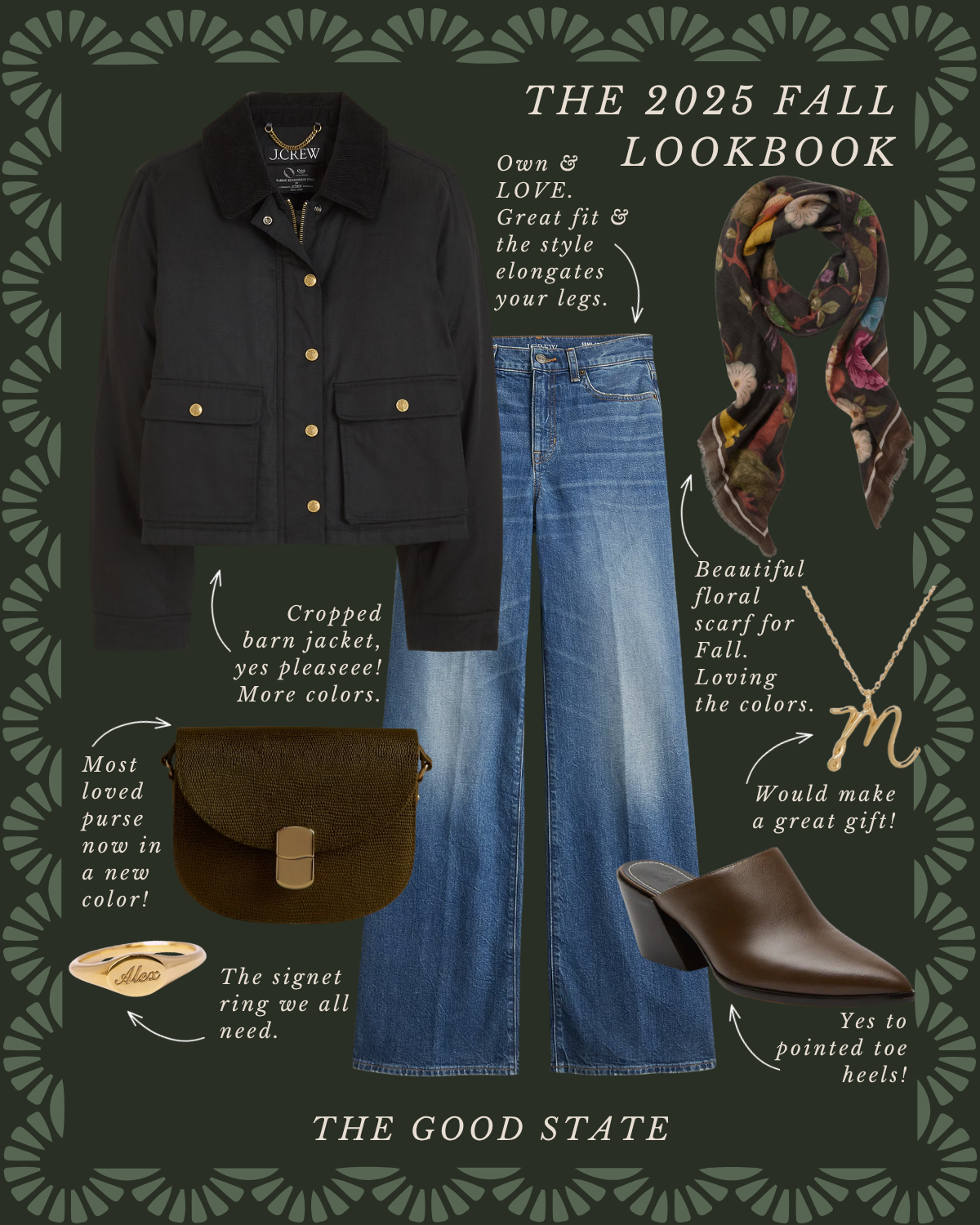 Fall fashion lookbook featuring a black cropped barn jacket with gold buttons, blue wide-leg jeans, a floral scarf, a gold necklace with an 'm' pendant, a dark brown purse, a gold signet ring, and brown pointed toe heels on a dark green background wi