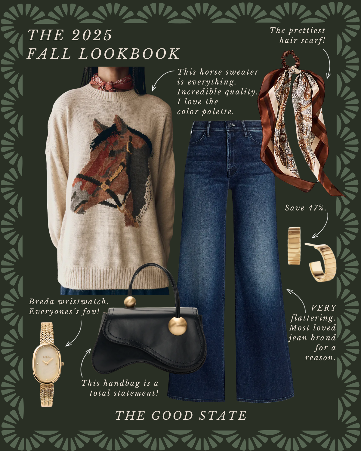 Fall fashion lookbook featuring a beige horse sweater with a horse design, dark wide-leg jeans, a patterned hair scarf, gold bracelet, and a black handbag with gold accents on a dark green background.