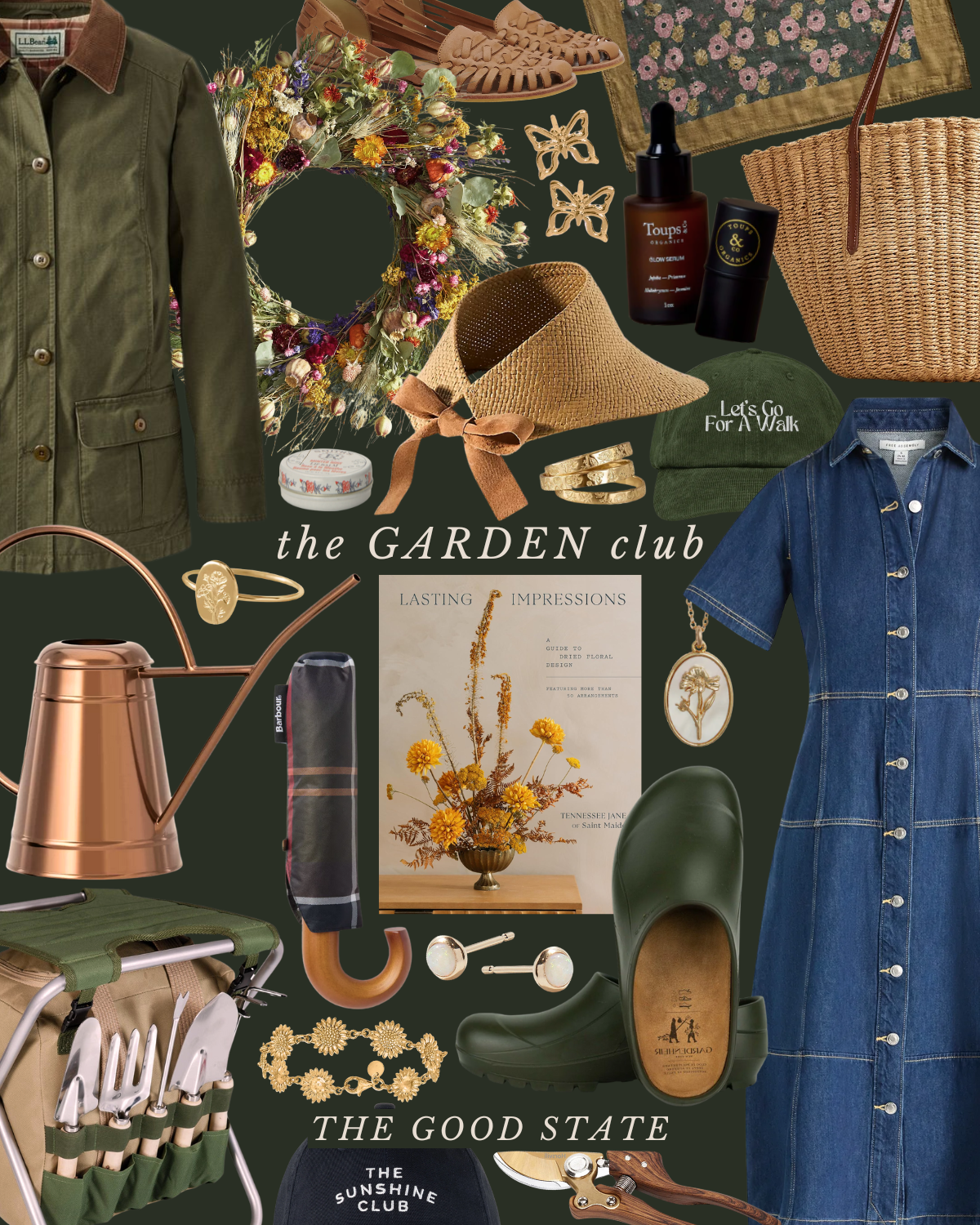 An assortment of gardening and outdoor accessories, including a green jacket, floral wreath, qingdao, sandals, jewelry, a hat, a water can, a book titled 'Lasting Impressions,' a green cap with the text 'Let's Go for a Walk,' a denim dress, a wicker 