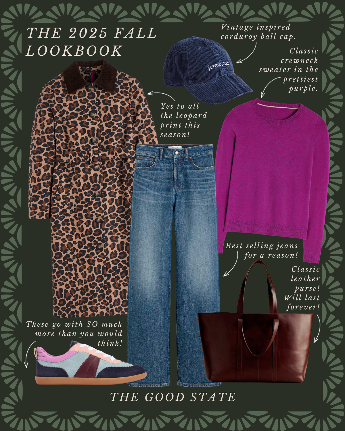 Fall fashion lookbook featuring a leopard print coat, a vintage-inspired navy corduroy cap, a purple crewneck sweater, classic blue jeans, a multicolored sneaker, and a dark brown leather tote bag. The image includes text highlighting the seasonal le
