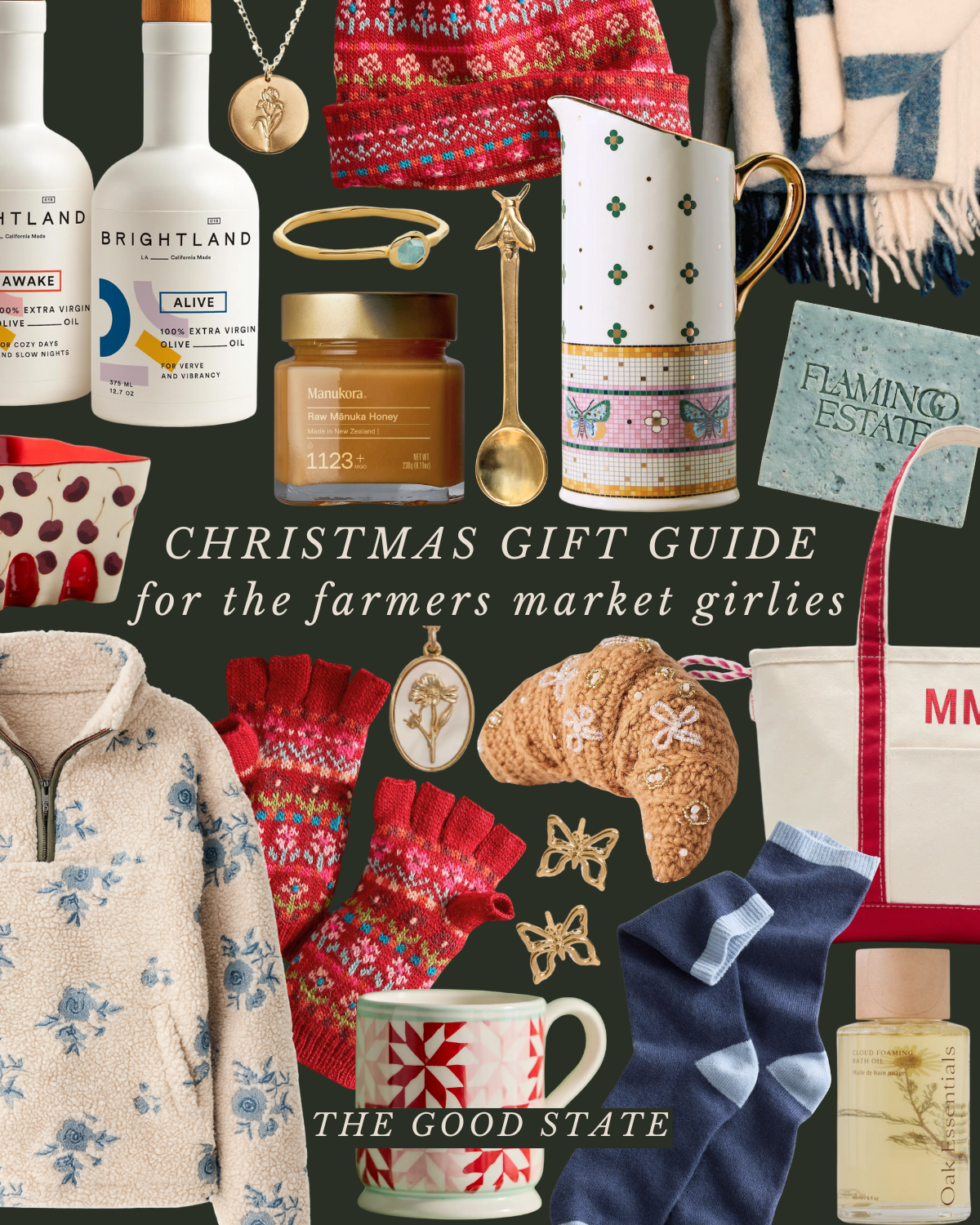 Christmas gift guide featuring handmade jewelry, socks, clothing, food, and home decor items on a dark background.