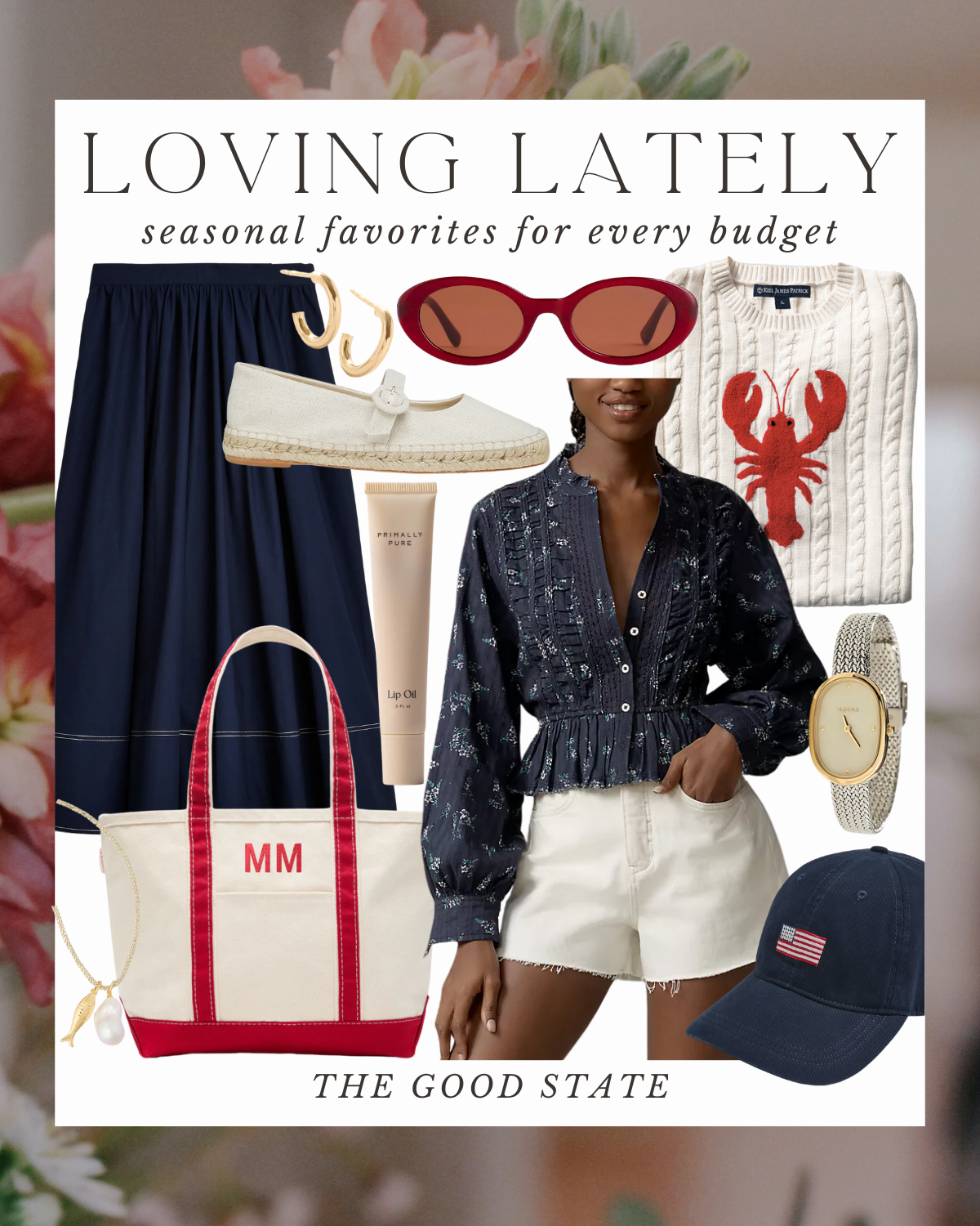 Collage of summer fashion items including a navy skirt, cream espadrilles, gold hoop earrings, red sunglasses, lobster sweater, white shorts, striped tote bag, lip balm, gold watch, navy cap with American flag, and a tube of lip oil, with text "Lovin