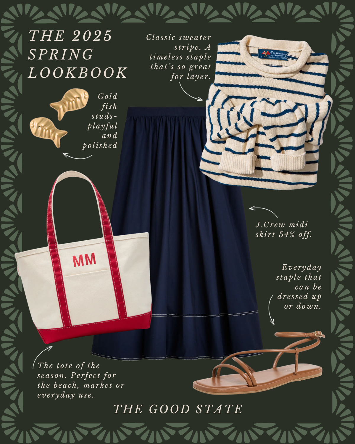 Spring fashion lookbook page featuring a striped sweater, a navy midi skirt, a cream tote bag with red accents and initials, gold fish stud earrings, and tan sandals, with descriptions for each item.