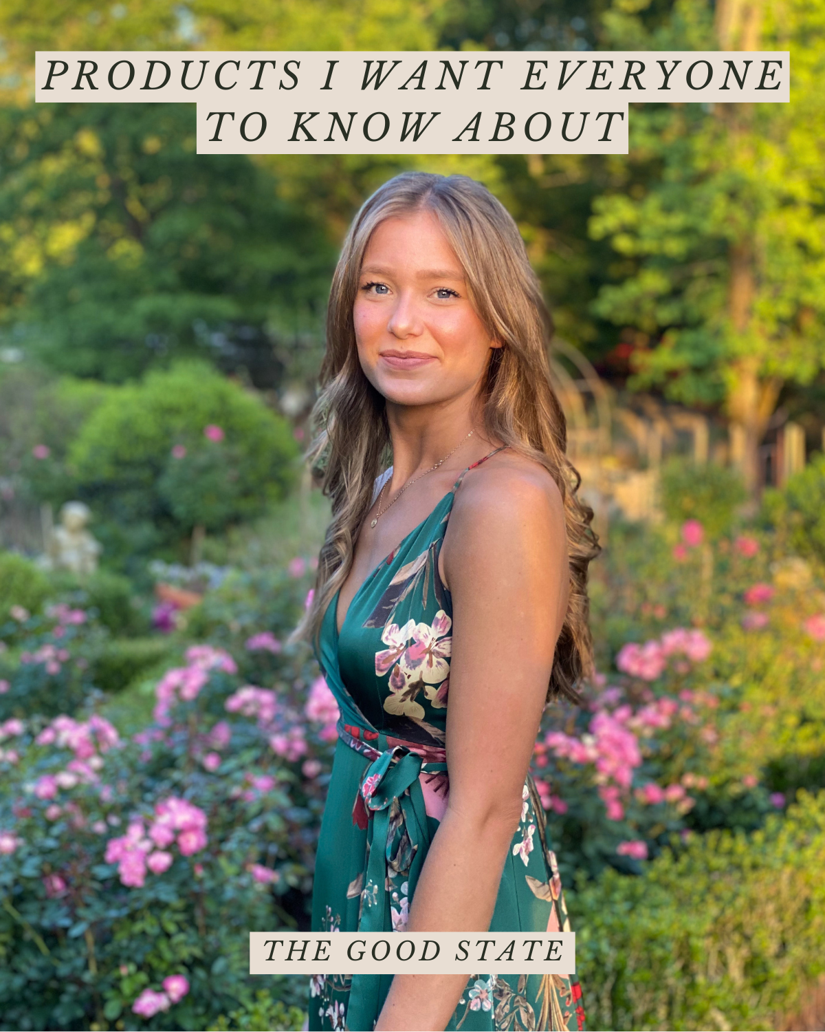 A young woman with long wavy hair wearing a floral dress, standing in a lush garden with blooming pink flowers and green trees, bathed in warm sunlight.