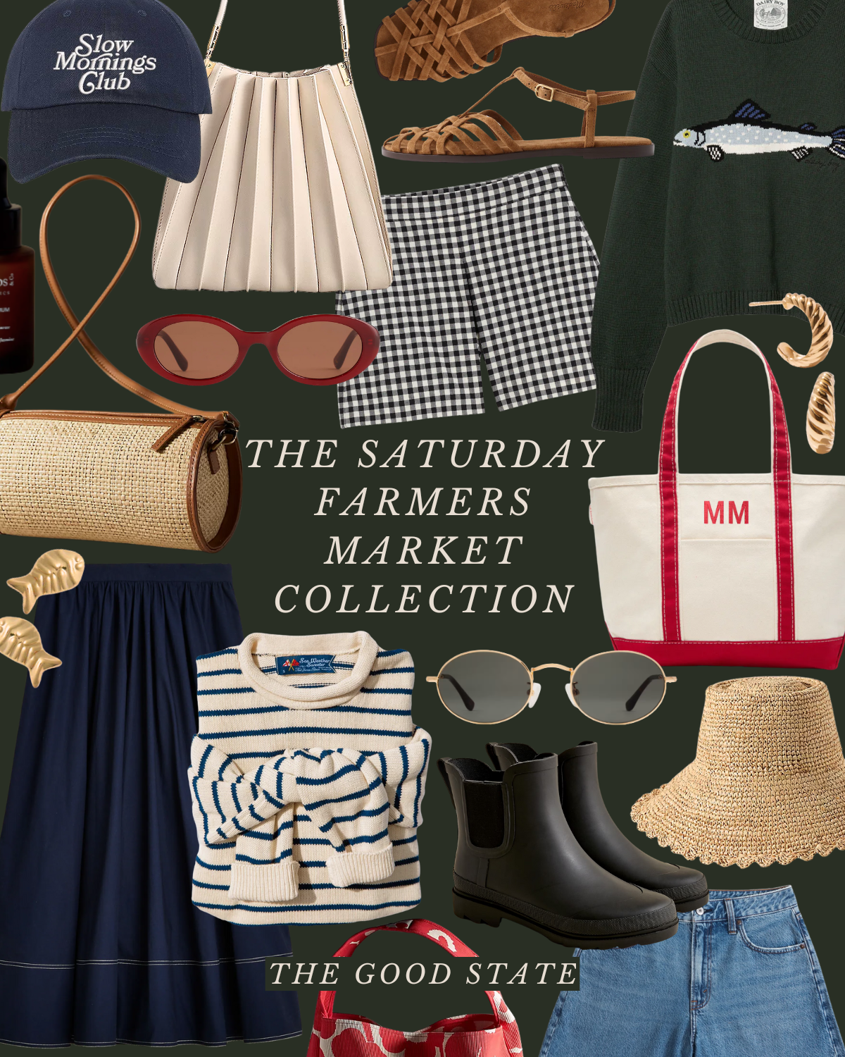 Collection of fashion items including a navy cap with 'Slow Mornings Club' embroidered, beige pleated handbag, brown gladiator sandals, red sunglasses, black-and-white gingham shorts, green sweater with fish graphic, cream and red monogram tote, blac