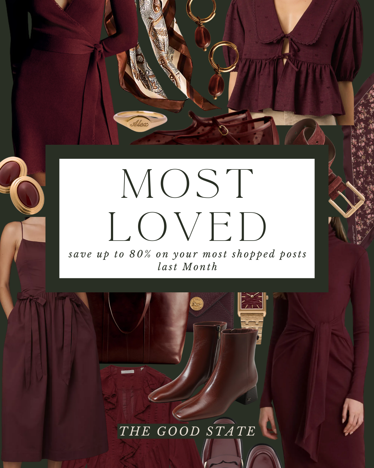 Collection of maroon and burgundy clothing and accessories including dresses, tops, shoes, jewelry, and handbags, with a promotional text overlay about shopping discounts.