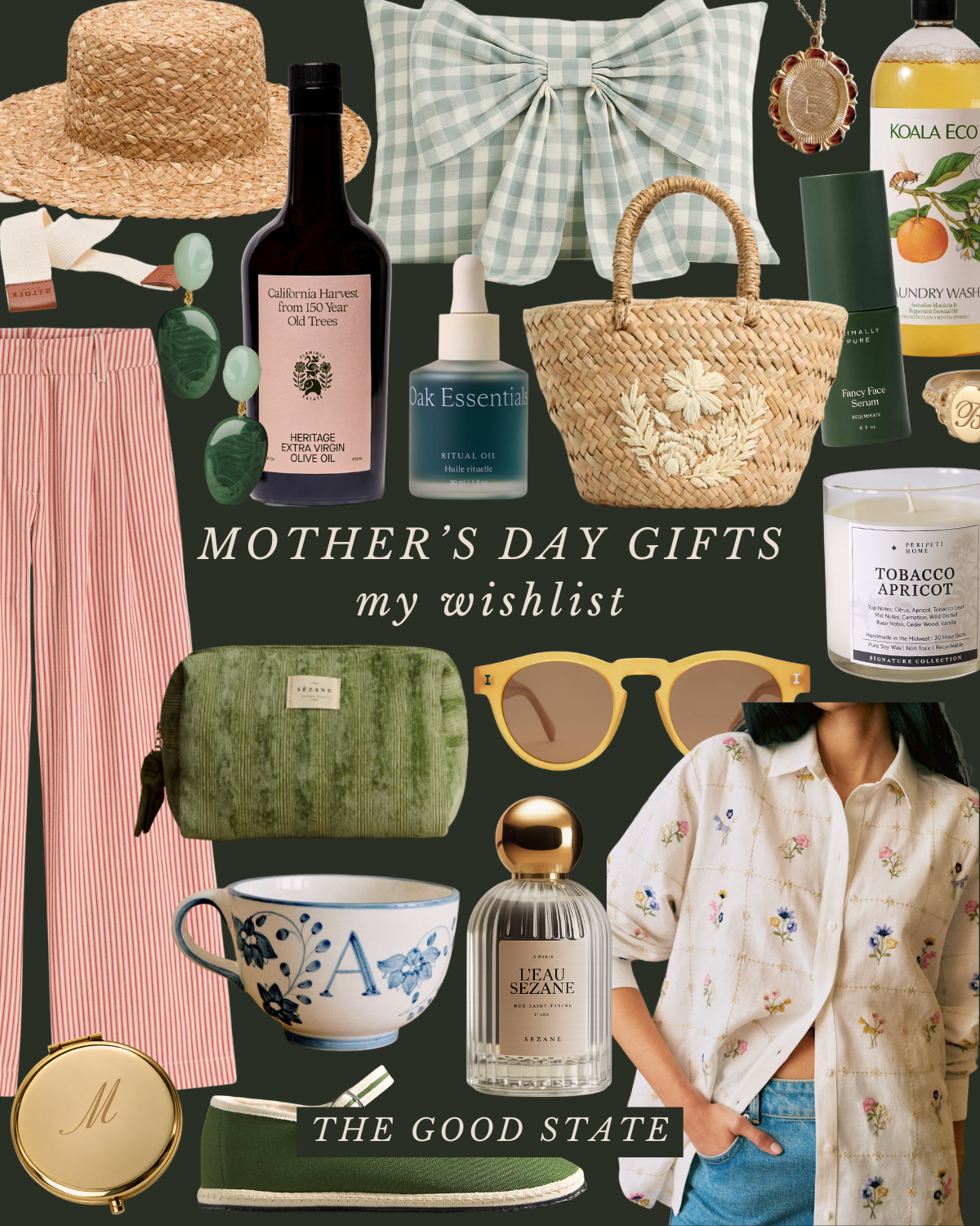 Mother's Day gift ideas collage featuring a straw hat, pillow with bow, necklace, soap, olive oil, skincare products, woven bag, candle, sunglasses, perfume, tea cup, and a woman in a floral shirt with jeans, with text "Mother's Day Gifts, my wishlis