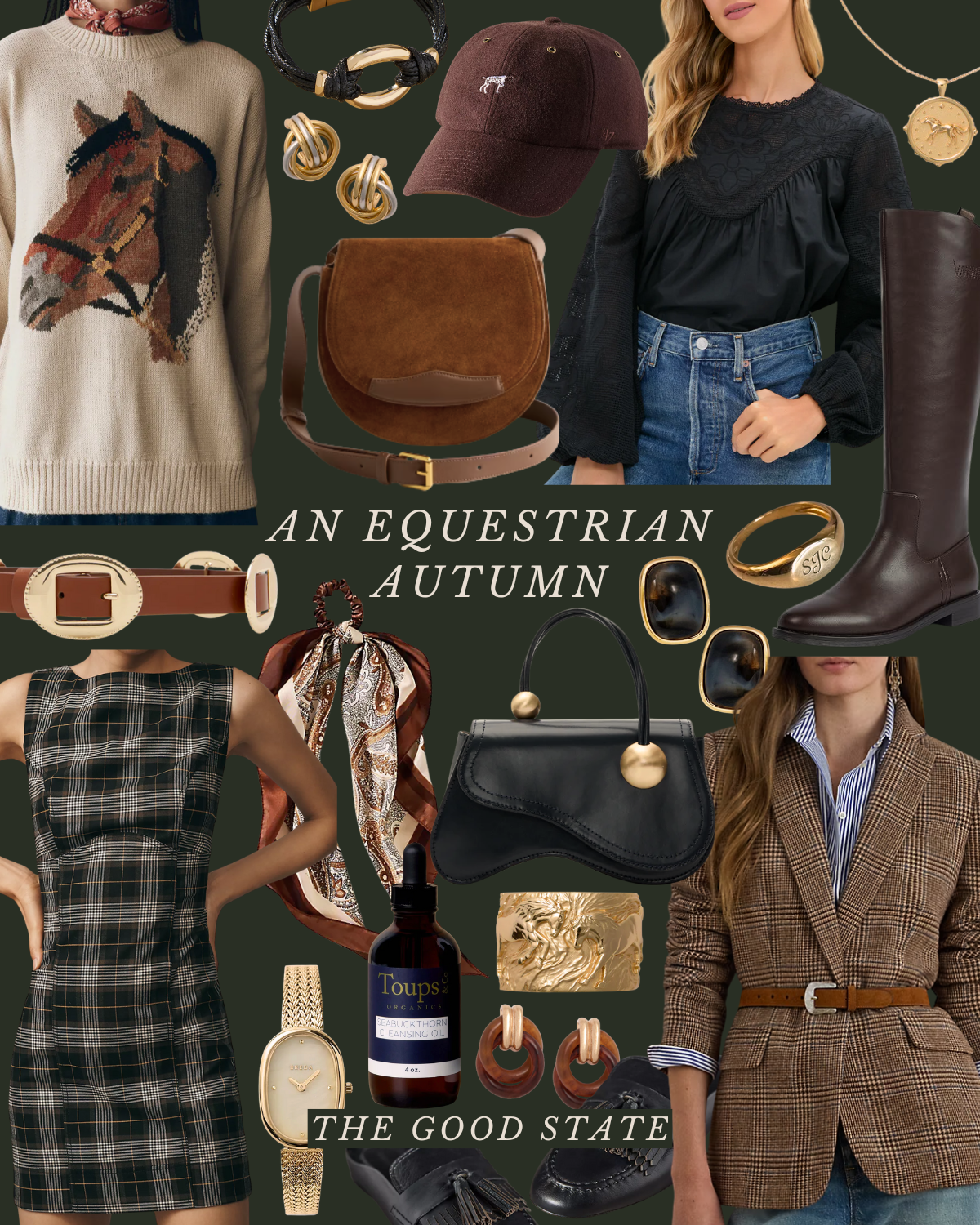 A collage of autumn fashion and accessories with the text 'An Equestrian Autumn' and 'The Good State' on a dark green background. The image features clothing items, jewelry, bags, shoes, and grooming products.